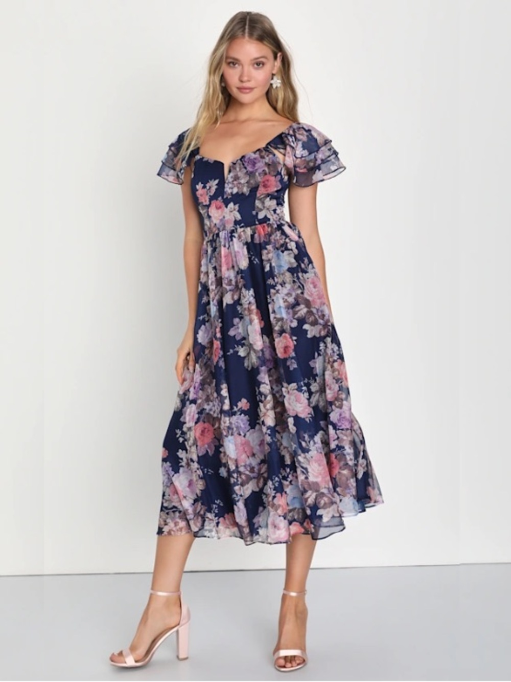 💙 Lavish Occasions Navy Blue Floral Print Ruffled Midi Dress
